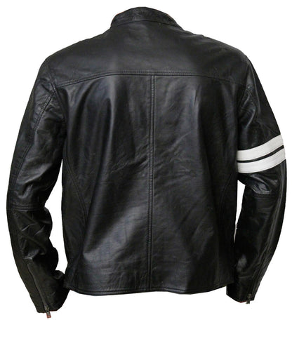 Men Fashion Vertical White Striped Biker Cafe Racer Black Leather Jacket