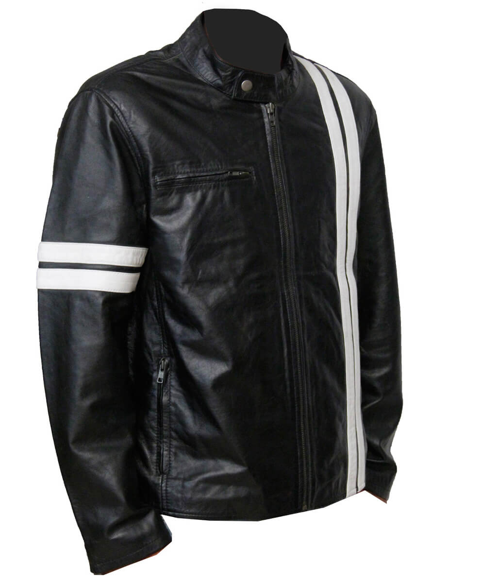 Men Fashion Vertical White Striped Biker Cafe Racer Black Leather Jacket