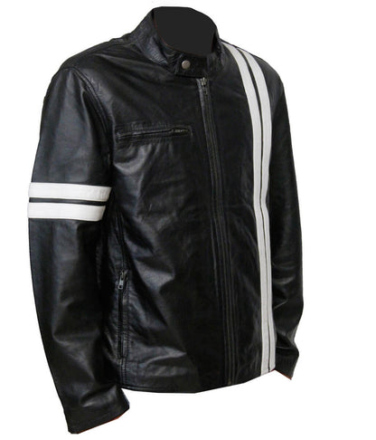 Men Fashion Vertical White Striped Biker Cafe Racer Black Leather Jacket