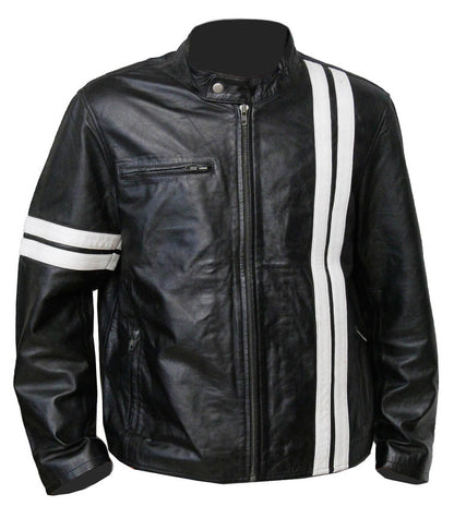 Men Fashion Vertical White Striped Biker Cafe Racer Black Leather Jacket
