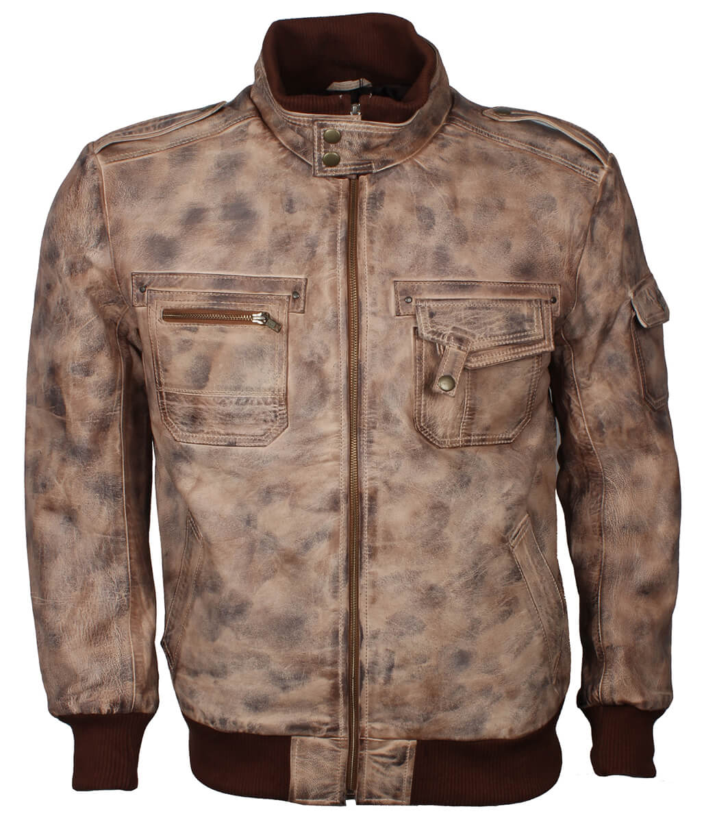 Fashion Men's Flap Pocket Beige Leather Jacket
