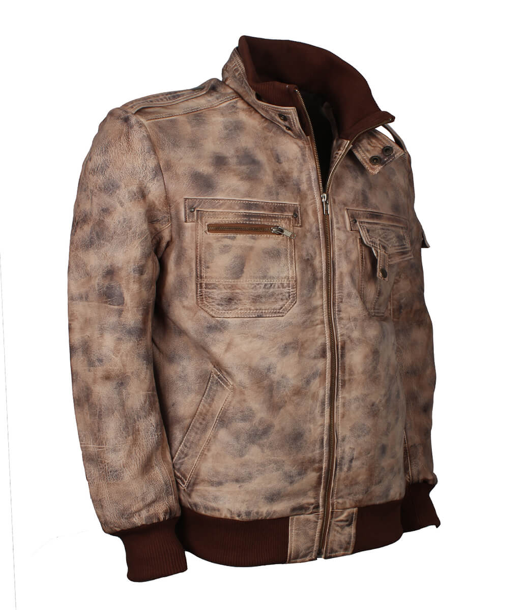 Fashion Men's Flap Pocket Beige Leather Jacket