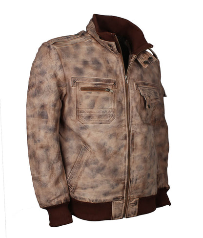 Fashion Men's Flap Pocket Beige Leather Jacket