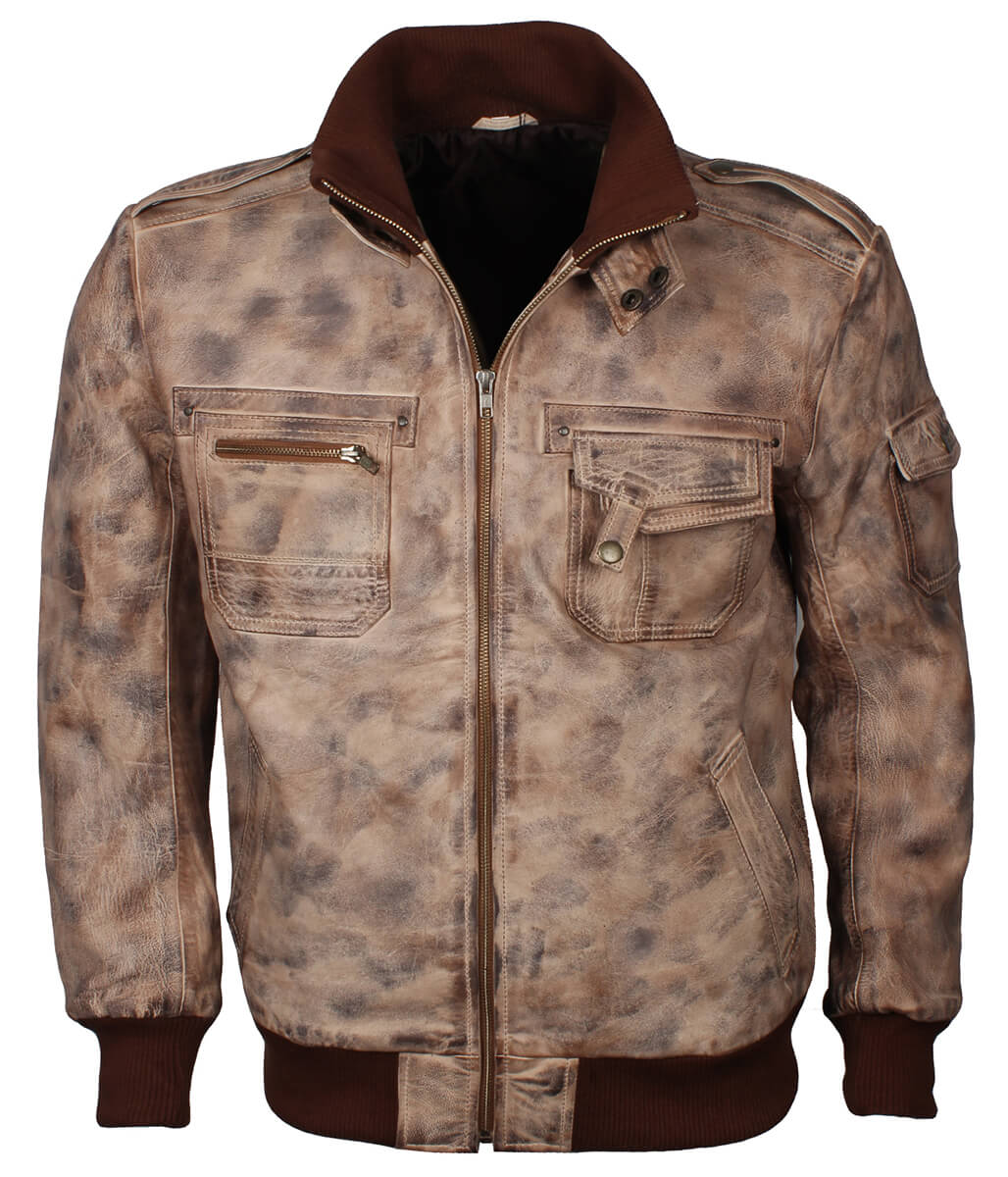Fashion Men's Flap Pocket Beige Leather Jacket