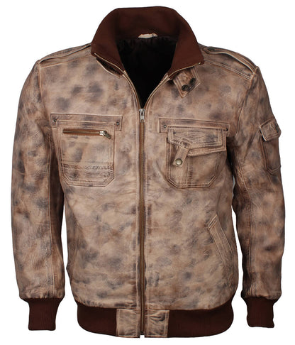 Fashion Men's Flap Pocket Beige Leather Jacket