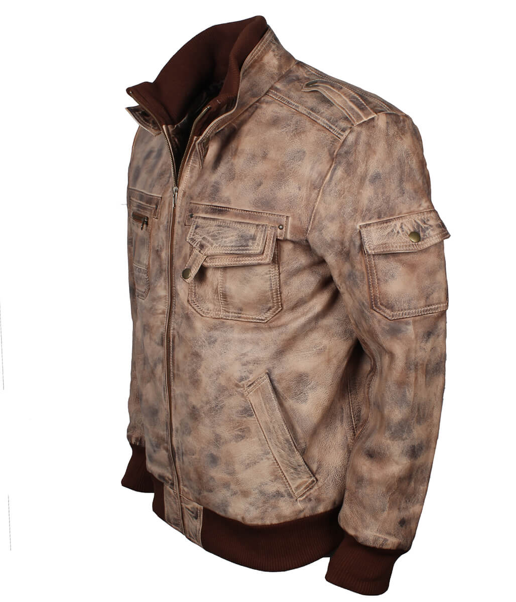 Fashion Men's Flap Pocket Beige Leather Jacket