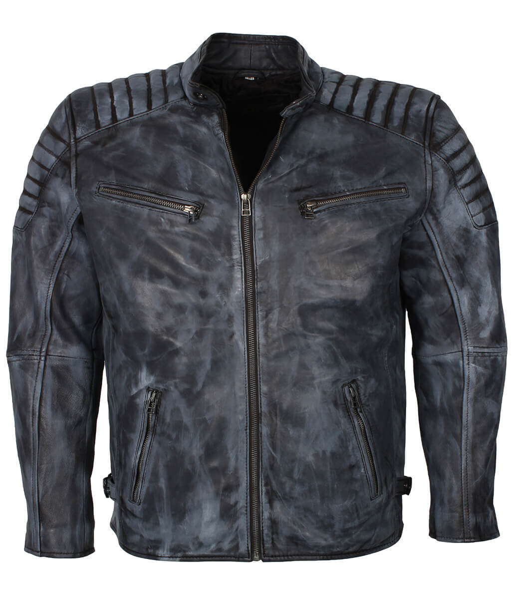 Fashion Men Padded Shoulder Distressed Leather Jacket