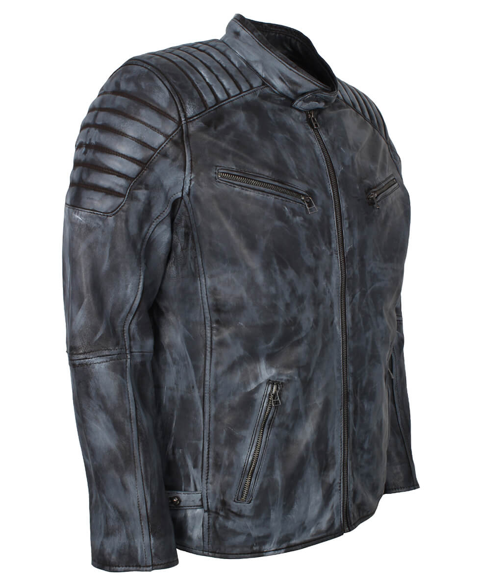 Fashion Men Padded Shoulder Distressed Leather Jacket