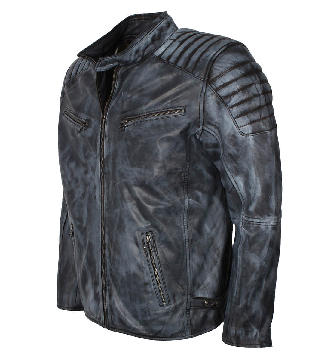 Fashion Men Padded Shoulder Distressed Leather Jacket
