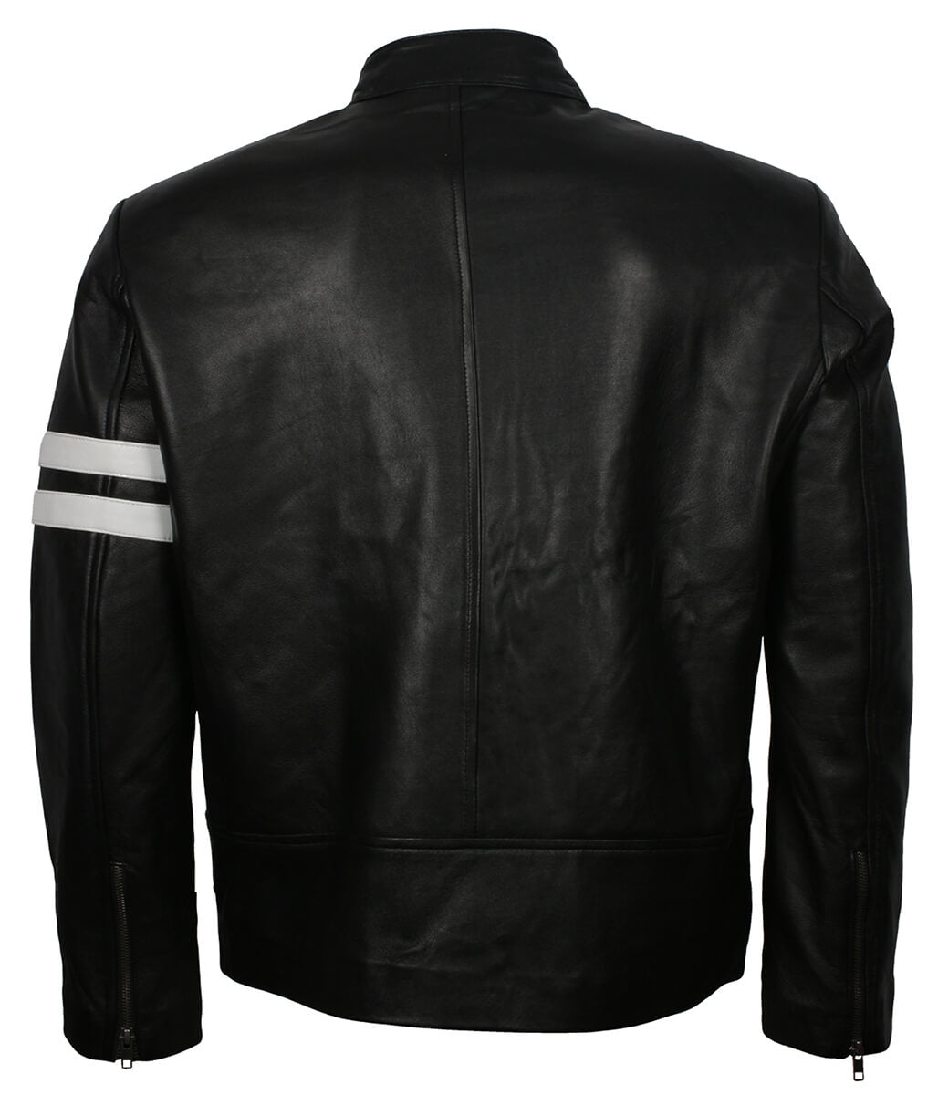 Fashion White Striped Urban Biker Black Leather Jacket
