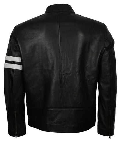 Fashion White Striped Urban Biker Black Leather Jacket