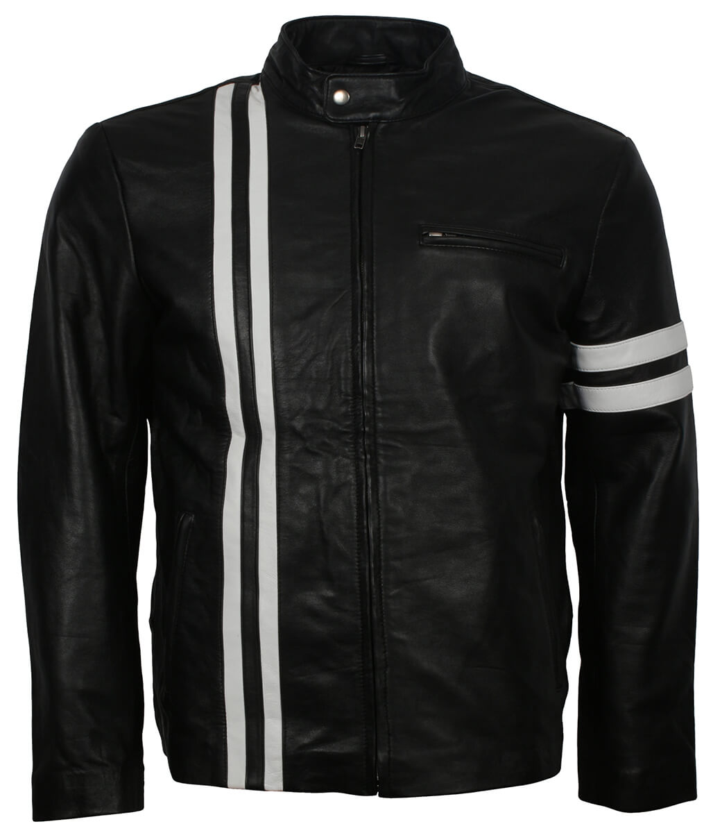 Fashion White Striped Urban Biker Black Leather Jacket