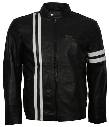Fashion White Striped Urban Biker Black Leather Jacket
