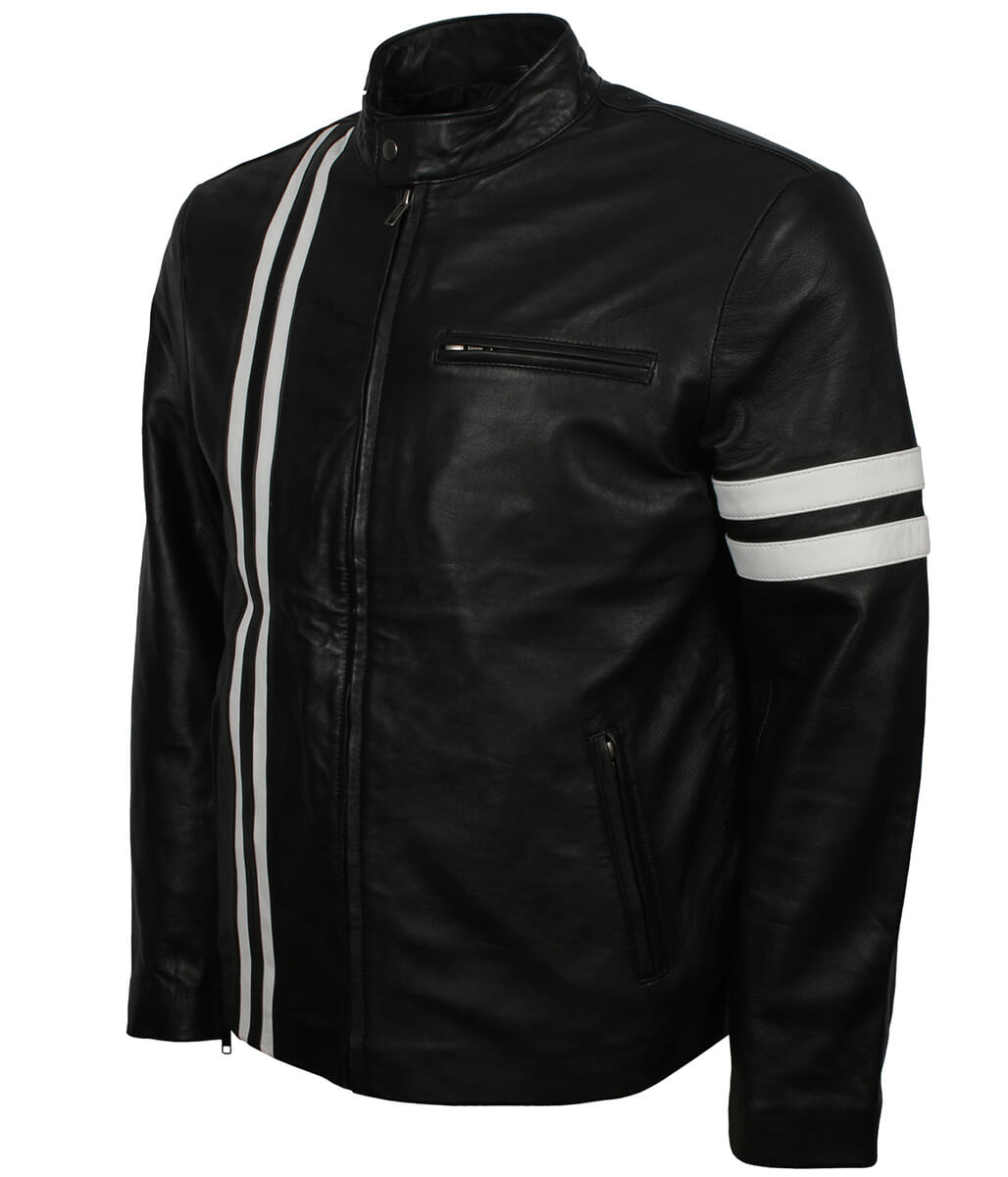 Fashion White Striped Urban Biker Black Leather Jacket