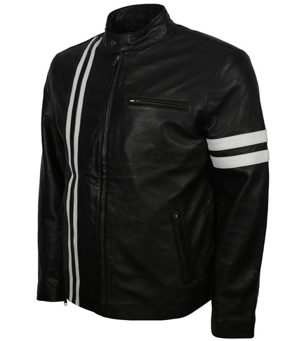 Fashion White Striped Urban Biker Black Leather Jacket
