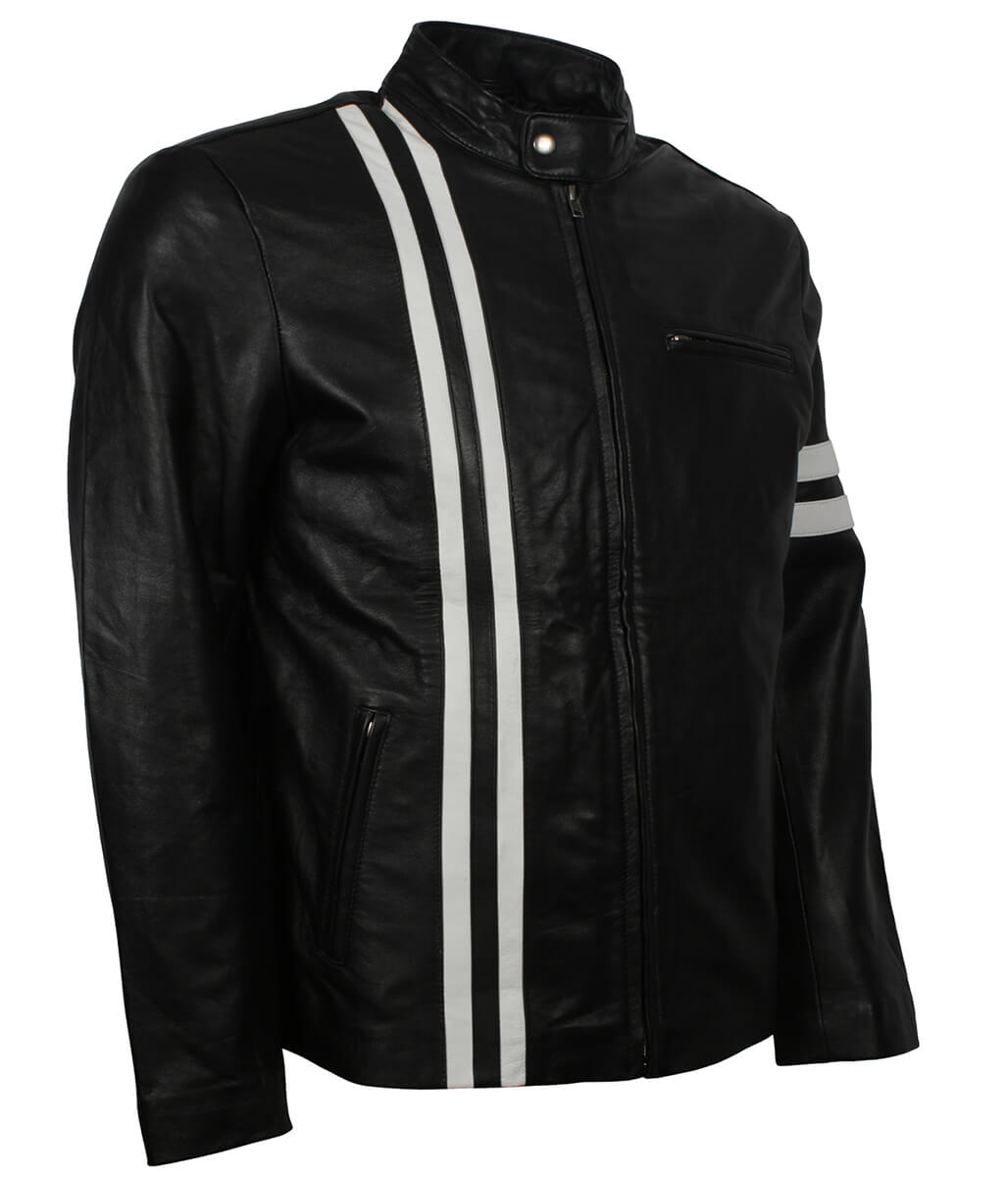 Fashion White Striped Urban Biker Black Leather Jacket