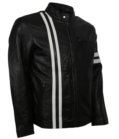 Fashion White Striped Urban Biker Black Leather Jacket