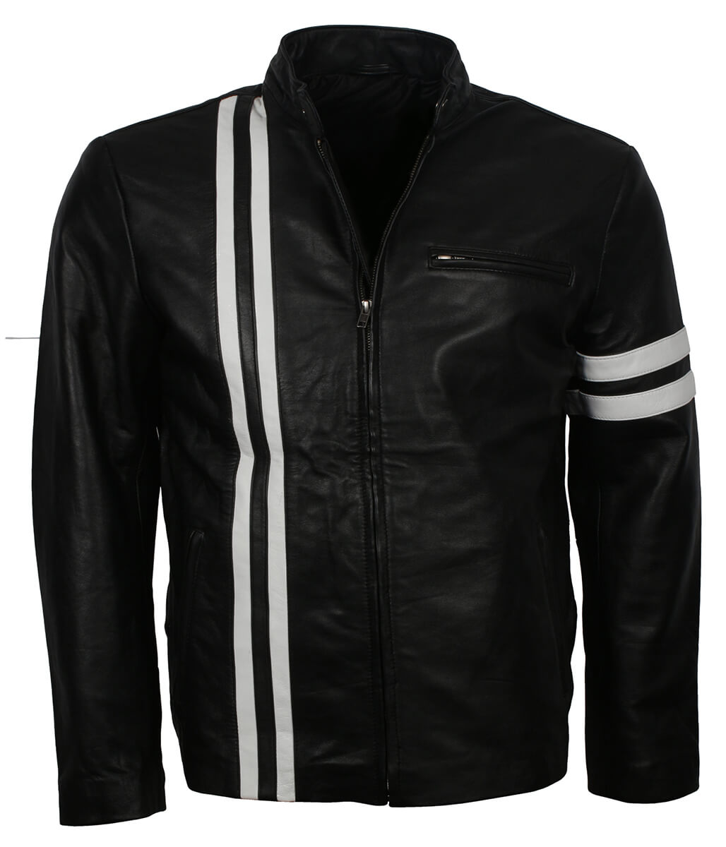 Fashion White Striped Urban Biker Black Leather Jacket