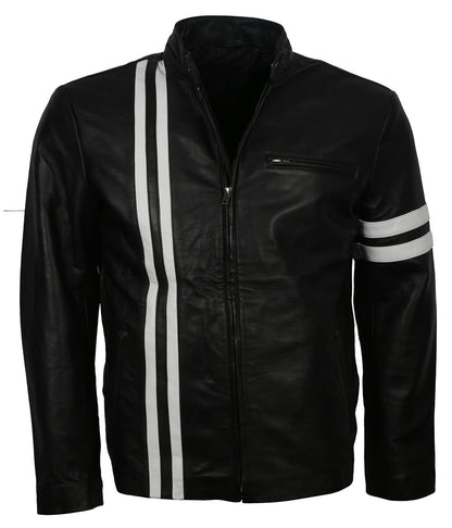 Fashion White Striped Urban Biker Black Leather Jacket