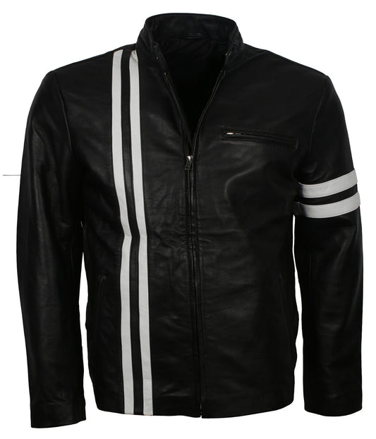 Fashion White Striped Urban Biker Black Leather Jacket