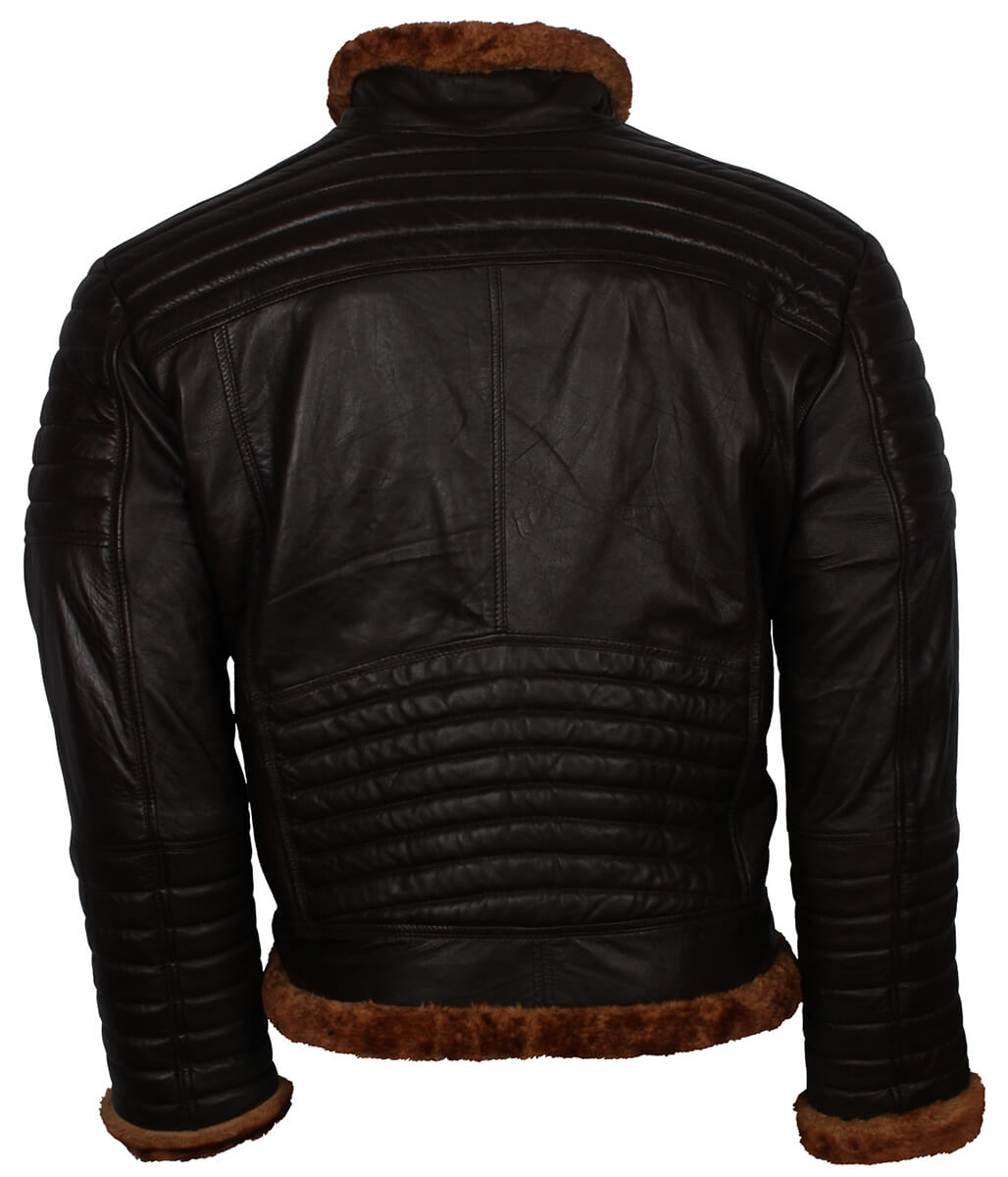 Fur Trim Padded Sleeve Men Dark Brown Leather Jacket