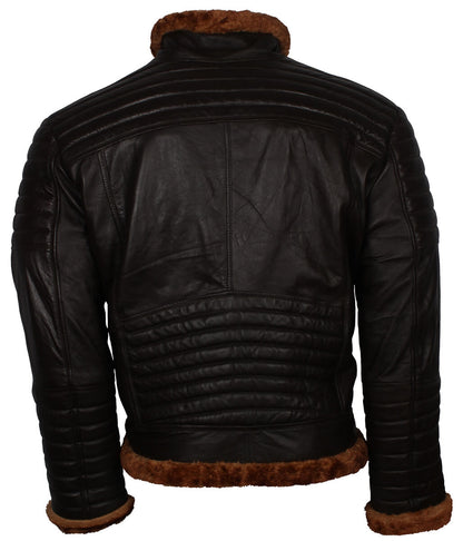 Fur Trim Padded Sleeve Men Dark Brown Leather Jacket