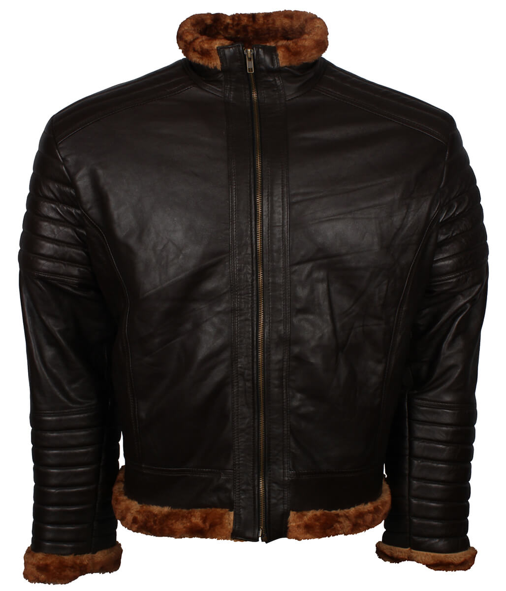 Fur Trim Padded Sleeve Men Dark Brown Leather Jacket
