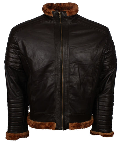 Fur Trim Padded Sleeve Men Dark Brown Leather Jacket