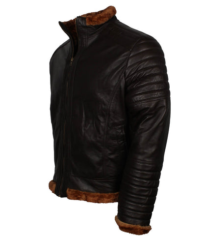 Fur Trim Padded Sleeve Men Dark Brown Leather Jacket