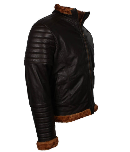 Fur Trim Padded Sleeve Men Dark Brown Leather Jacket
