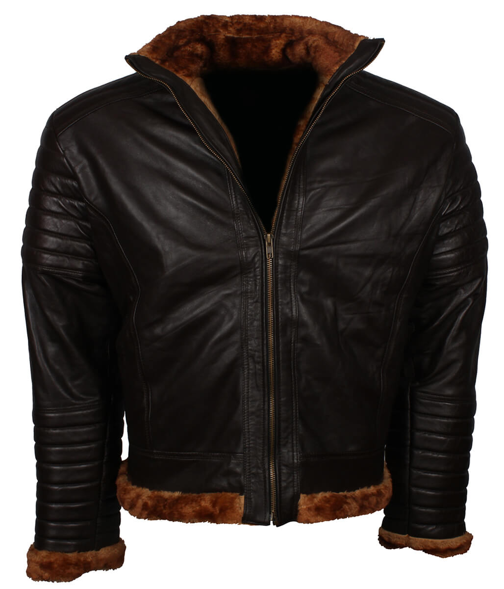 Fur Trim Padded Sleeve Men Dark Brown Leather Jacket