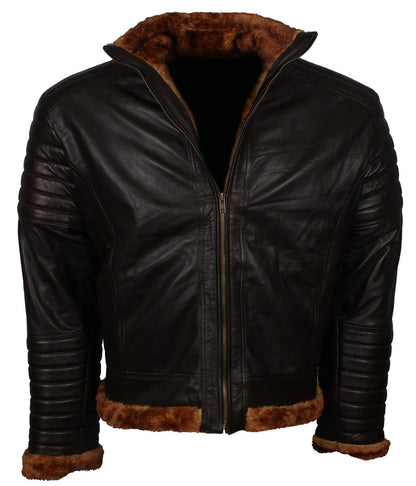 Fur Trim Padded Sleeve Men Dark Brown Leather Jacket