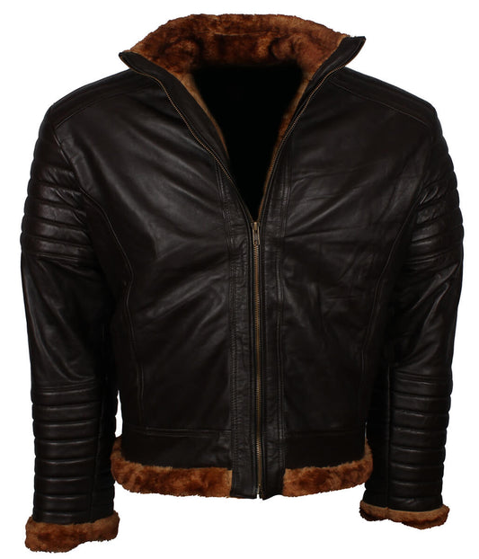 Fur Trim Padded Sleeve Men Dark Brown Leather Jacket
