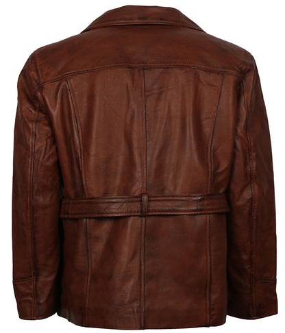 Gentleman Style Men Belted Classic Brown Leather Coat