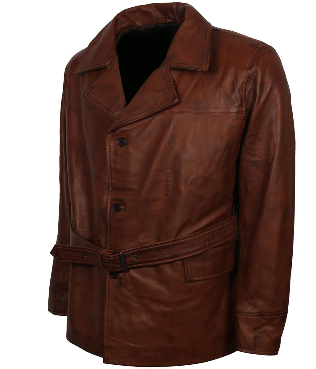 Gentleman Style Men Belted Classic Brown Leather Coat