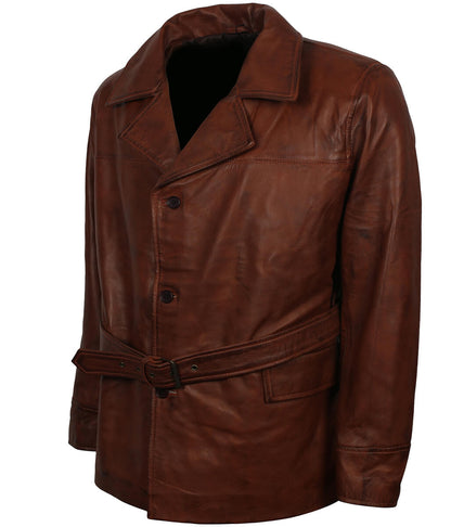 Gentleman Style Men Belted Classic Brown Leather Coat