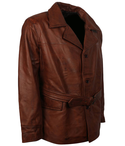 Gentleman Style Men Belted Classic Brown Leather Coat