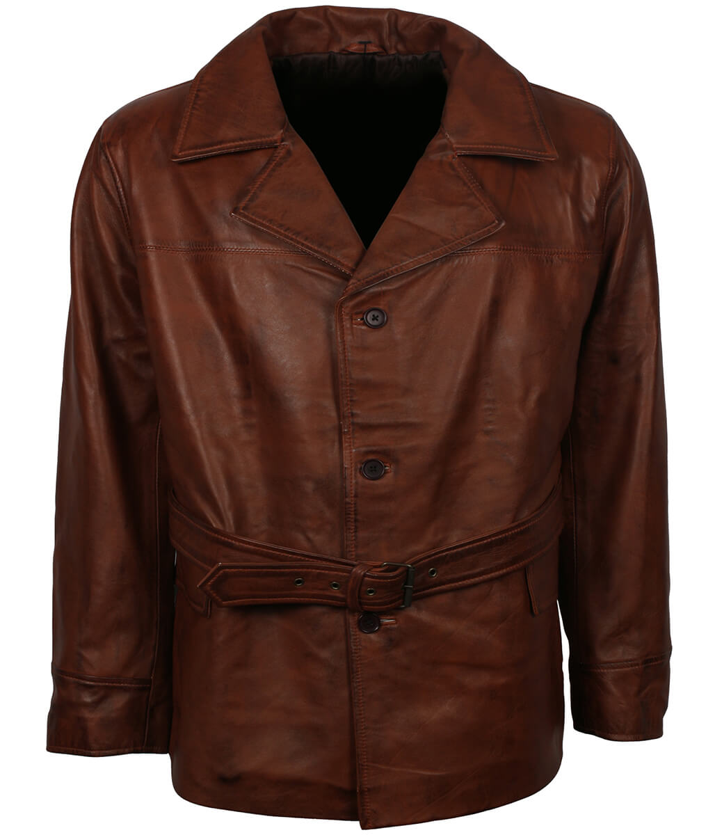 Gentleman Style Men Belted Classic Brown Leather Coat