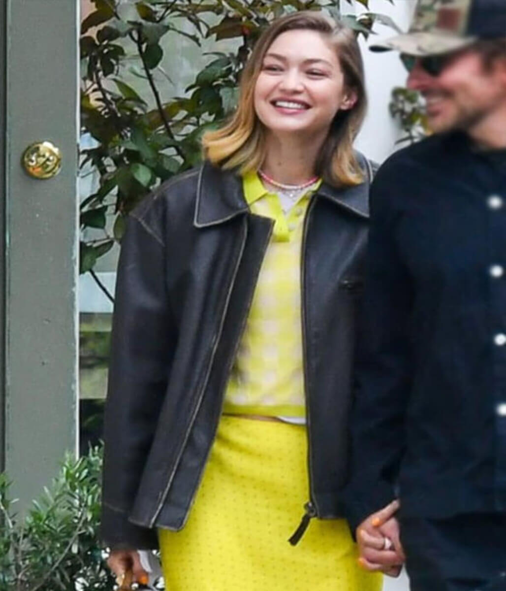 Gigi Hadid NYC 2025 Black Leather Jacket