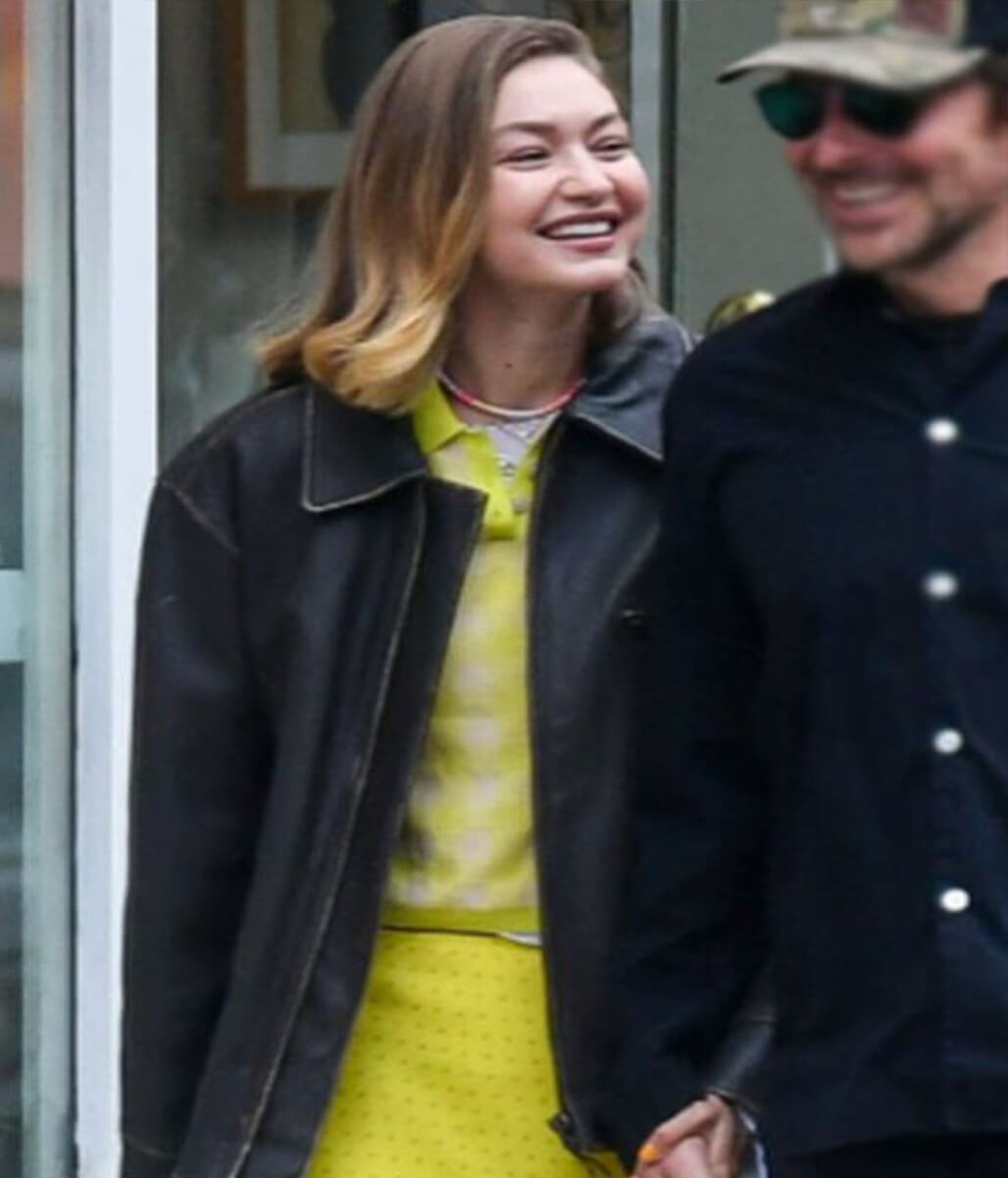 Gigi Hadid NYC 2025 Black Leather Jacket