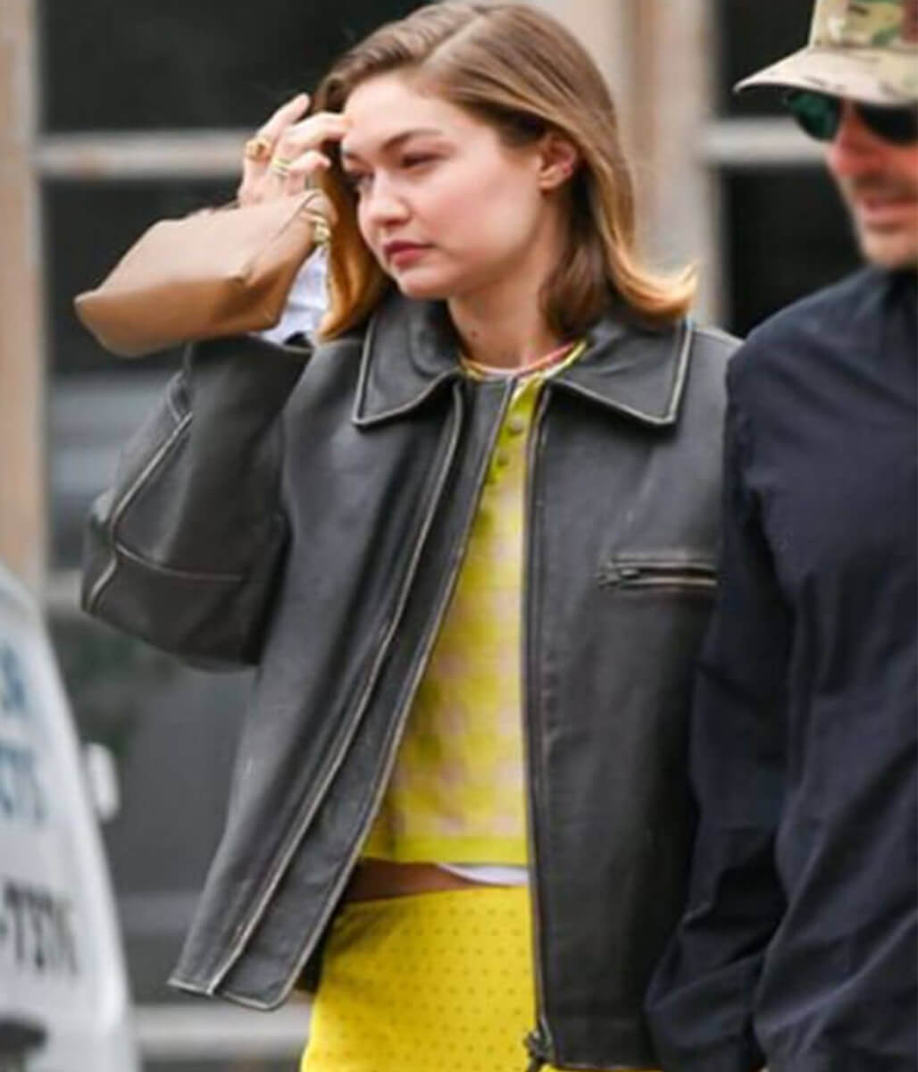 Gigi Hadid NYC 2025 Black Leather Jacket