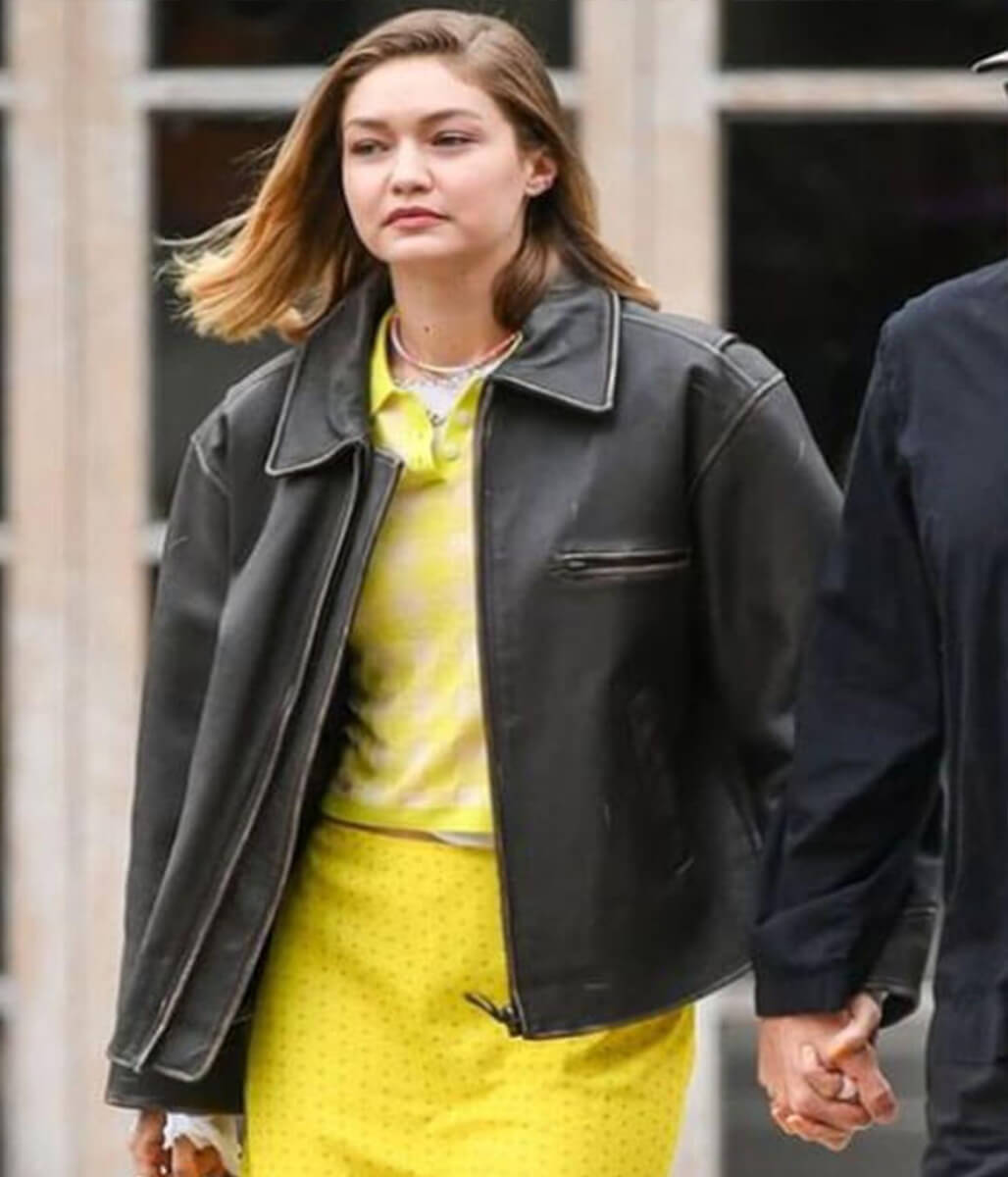 Gigi Hadid NYC 2025 Black Leather Jacket