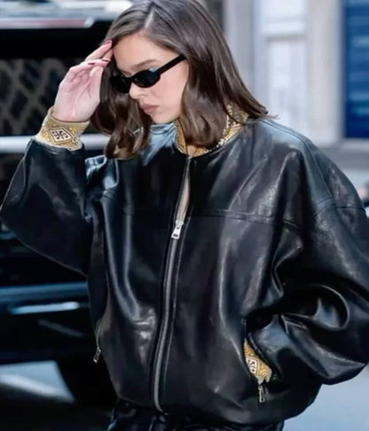 Hailee Steinfeld Black Bomber Leather Jacket