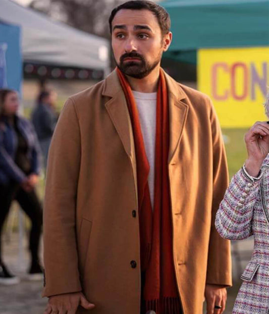 Jamie Demetriou Back in Action 2025 Brown Wool Coat