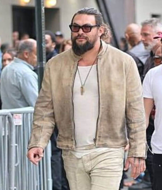 Jason Momoa NYC 2025 Beige Leather Jacket