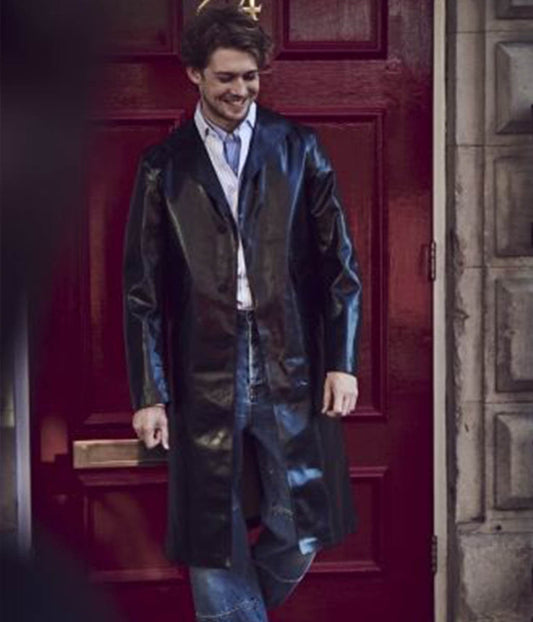 Joe Alwyn Black Leather Trench Coat