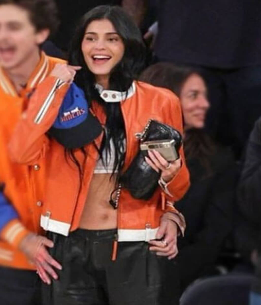 Kylie Jenner Knicks Game 2025 Orange Leather Jacket