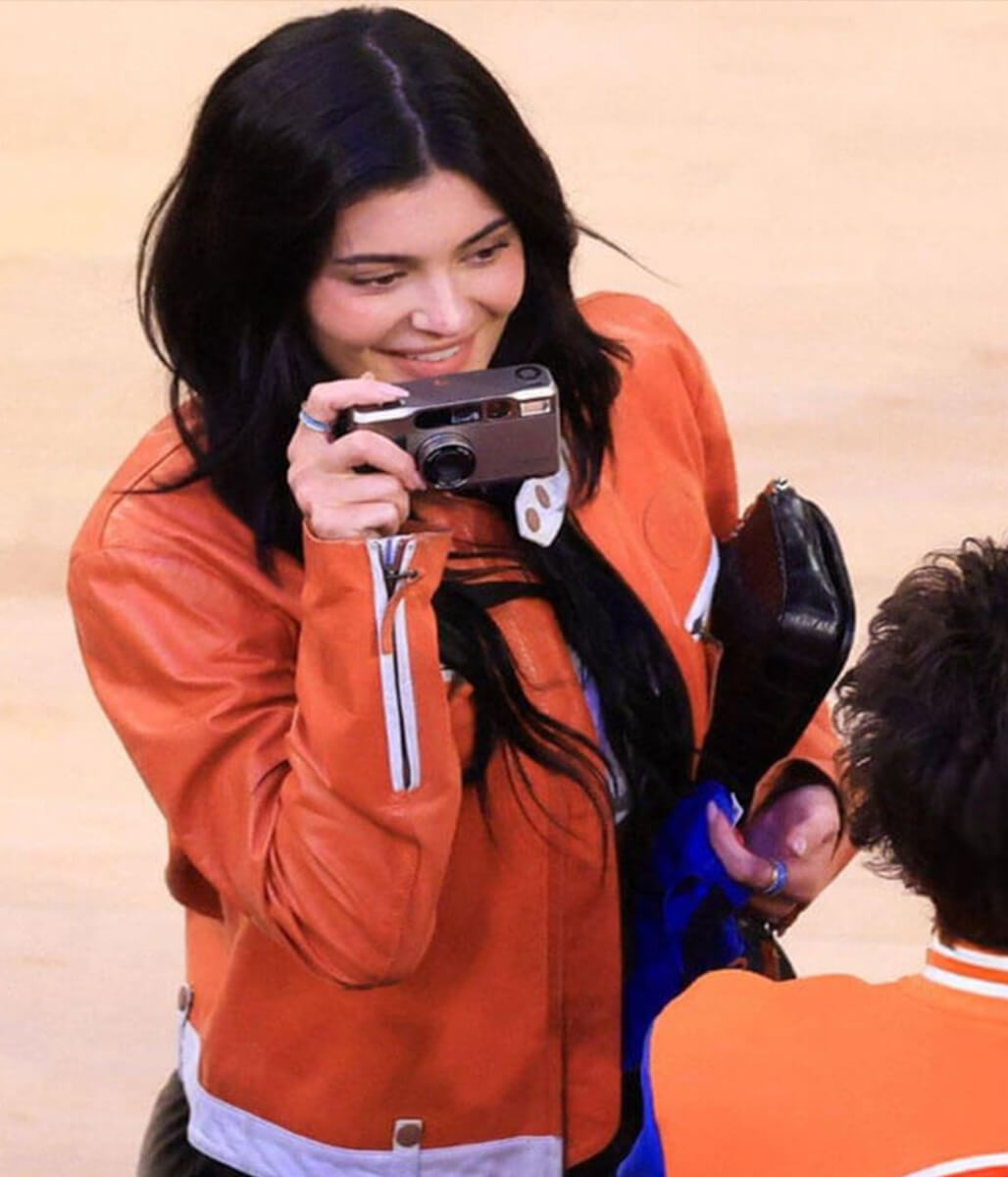 Kylie Jenner Knicks Game 2025 Orange Leather Jacket