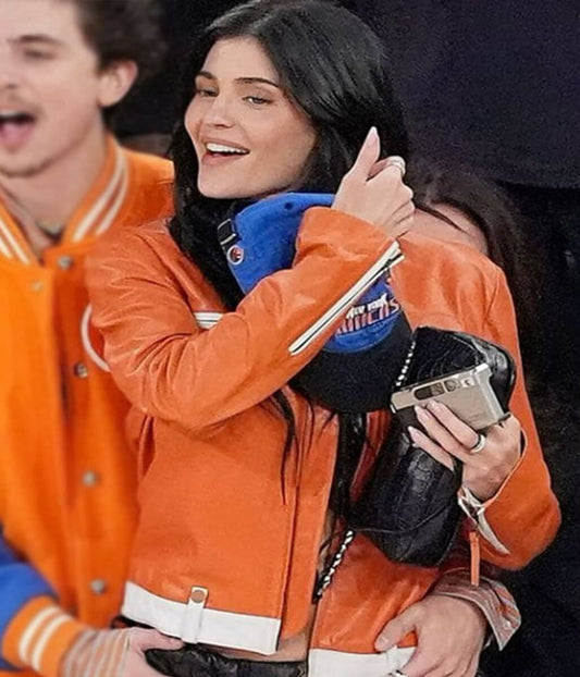 Kylie Jenner Knicks Game 2025 Orange Leather Jacket