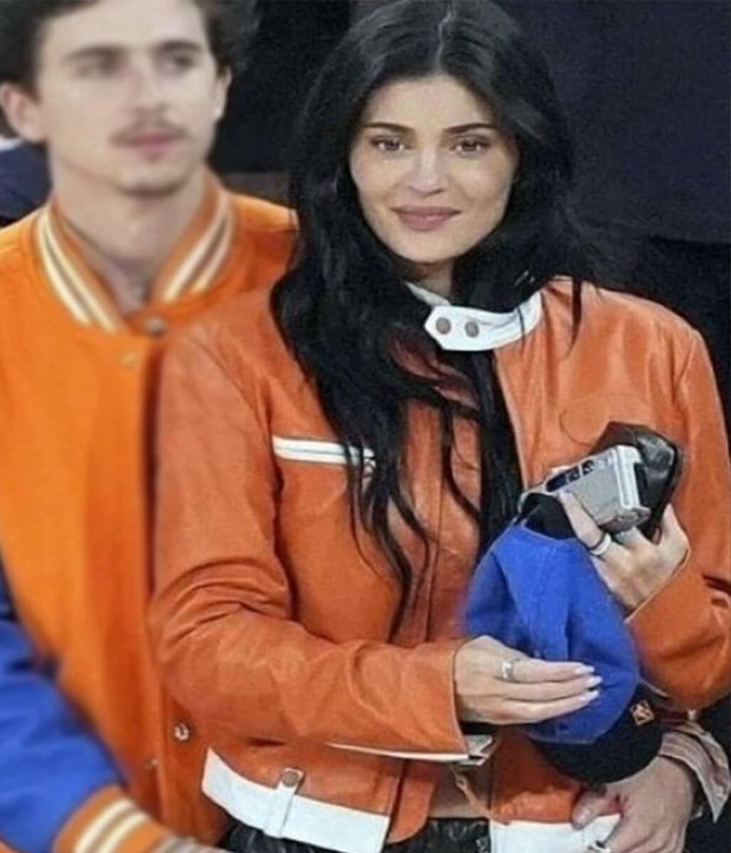 Kylie Jenner Knicks Game 2025 Orange Leather Jacket